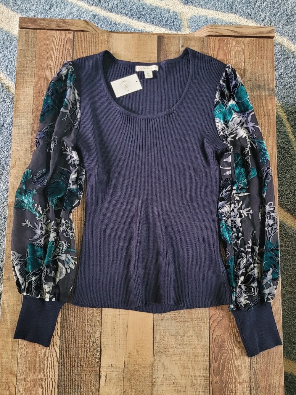 NWT Cato Navy Ribbed Scoop Sweater with Teal Floral Sheer Sleeves, Women's Med.